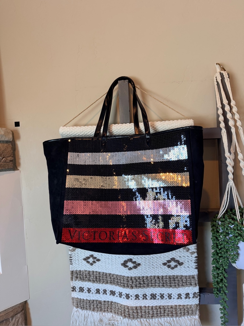 Victoria's Secret Black Canvas Tote Bag 2017 Limited Edition Sequins